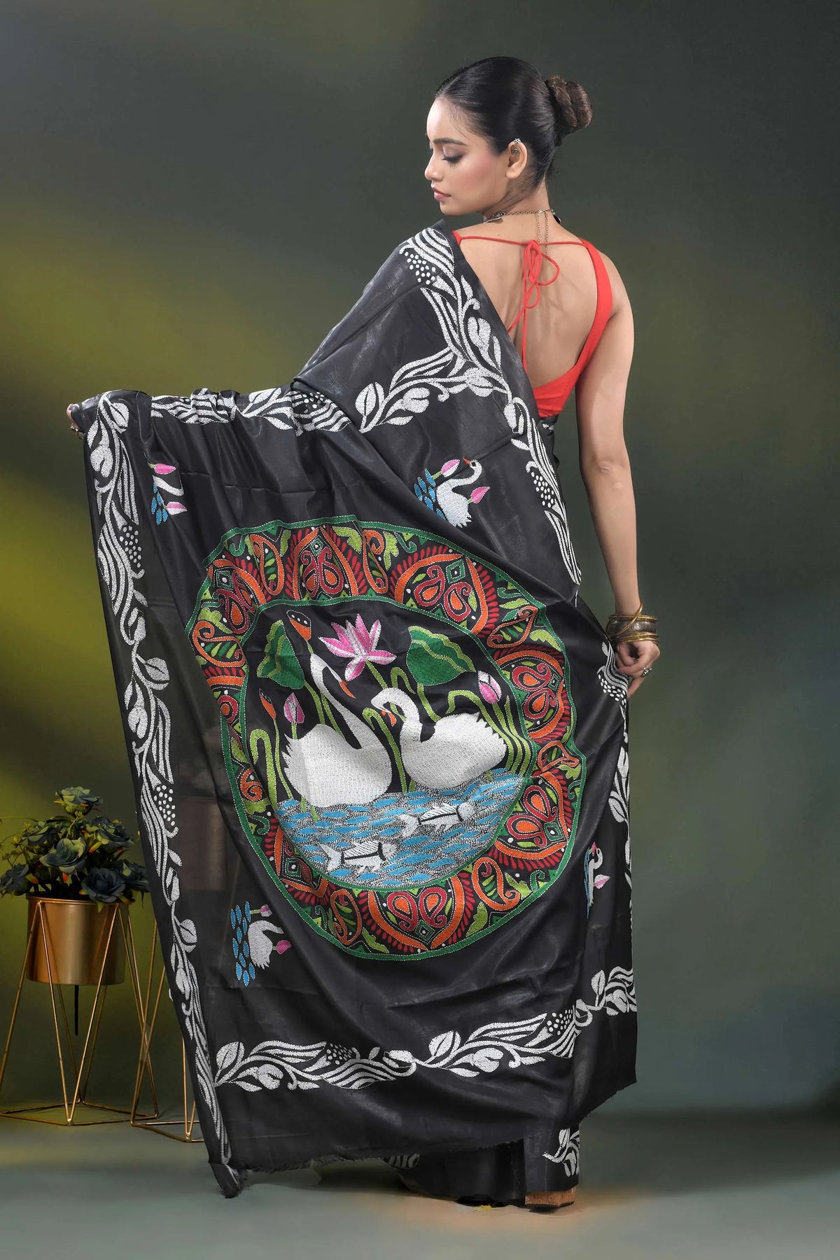 Sable black kantha saree in silk with swan and lotus nature motif 5