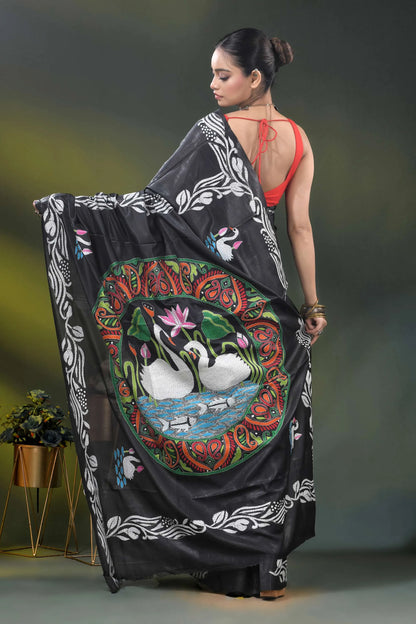 Sable black kantha saree in silk with swan and lotus nature motif 5