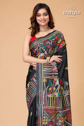 Sable Black Lotus Theme Silk Kantha Stitch Saree-Craftyle