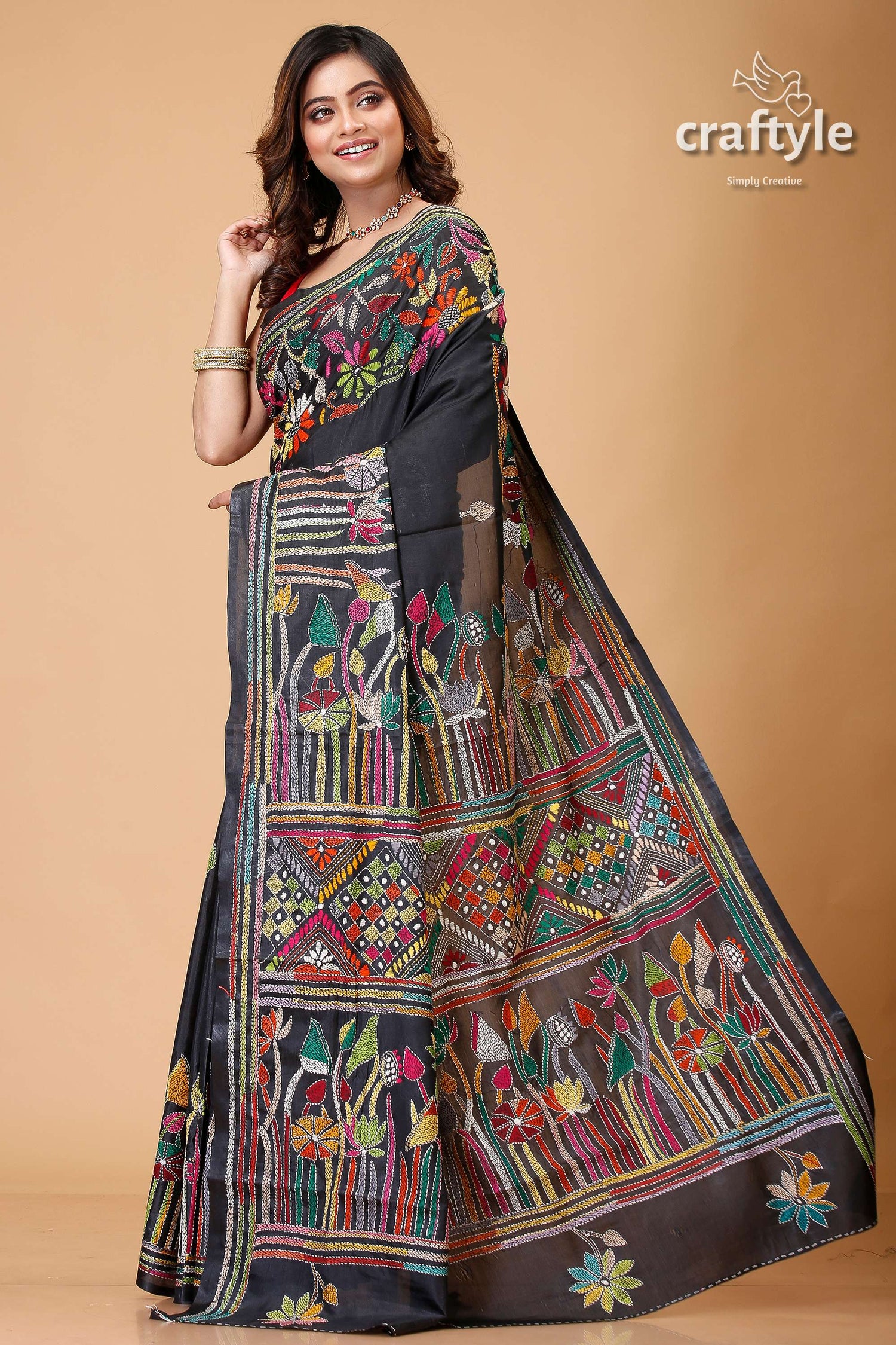 Sable Black Lotus Theme Silk Kantha Stitch Saree-Craftyle