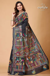 Sable Black Lotus Theme Silk Kantha Stitch Saree-Craftyle