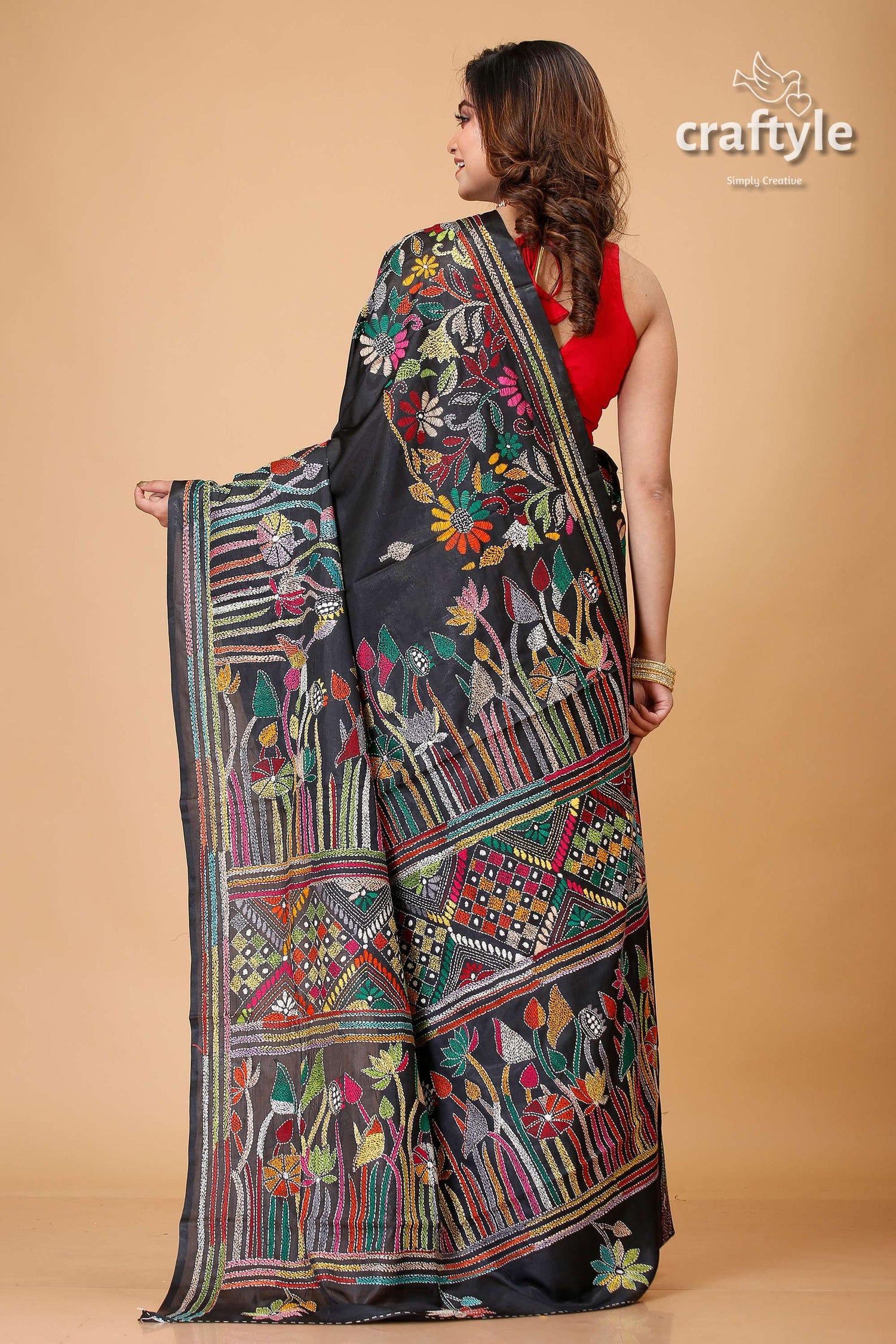 Sable Black Lotus Theme Silk Kantha Stitch Saree-Craftyle