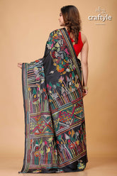 Sable Black Lotus Theme Silk Kantha Stitch Saree-Craftyle