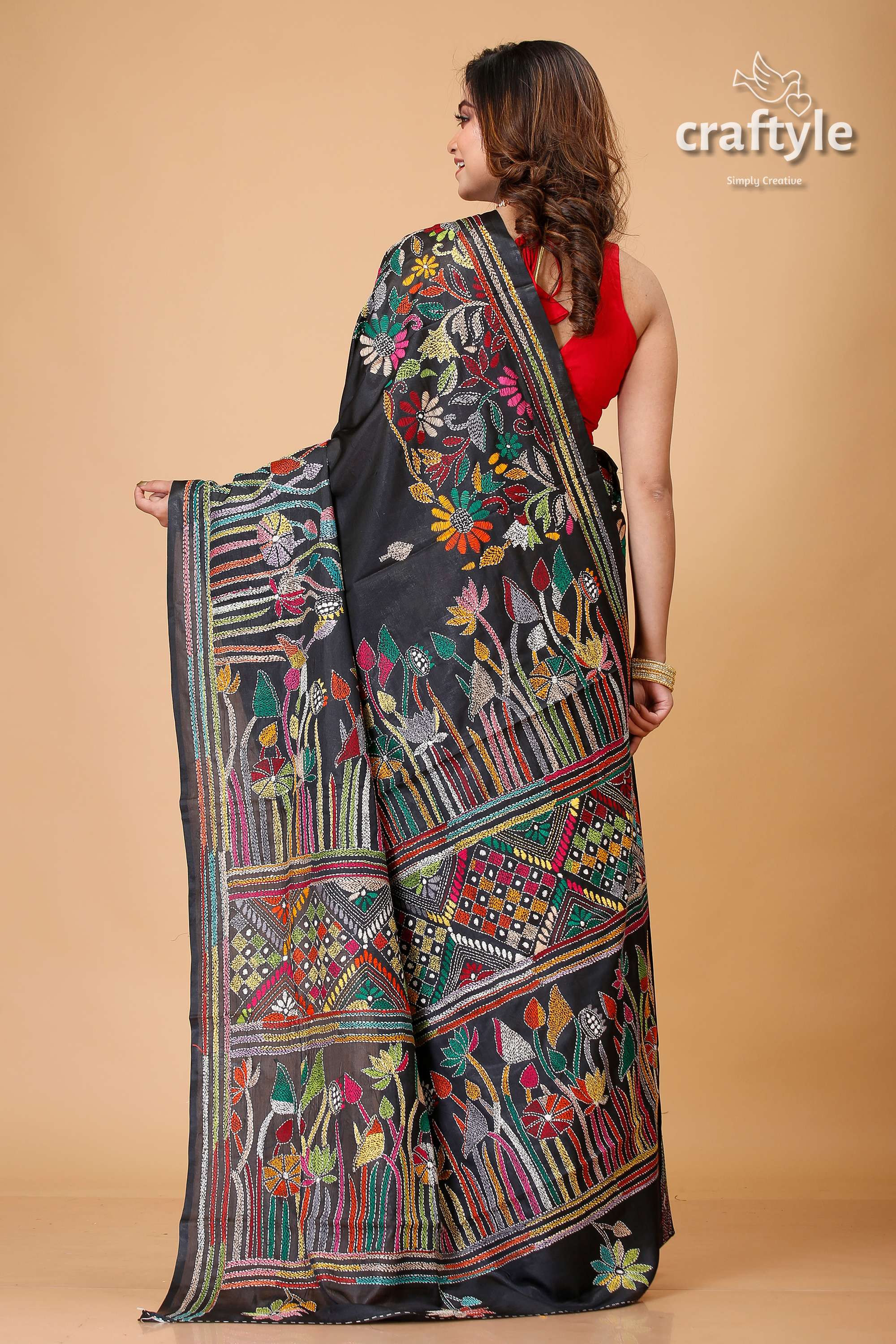 Sable Black Lotus Theme Silk Kantha Stitch Saree-Craftyle