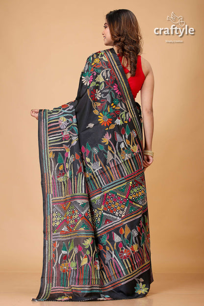 Sable Black Lotus Theme Silk Kantha Stitch Saree-Craftyle