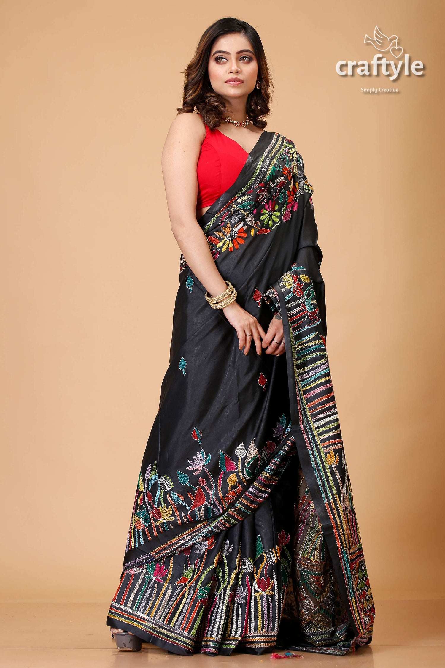 Sable Black Lotus Theme Silk Kantha Stitch Saree-Craftyle