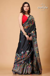 Sable Black Lotus Theme Silk Kantha Stitch Saree-Craftyle