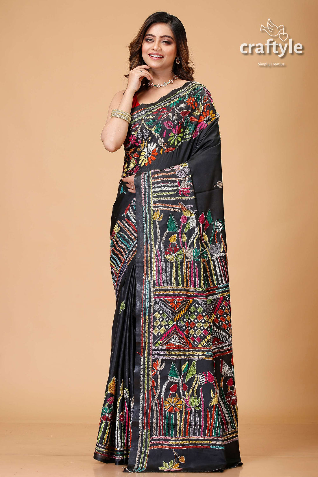 Sable Black Lotus Theme Silk Kantha Stitch Saree-Craftyle