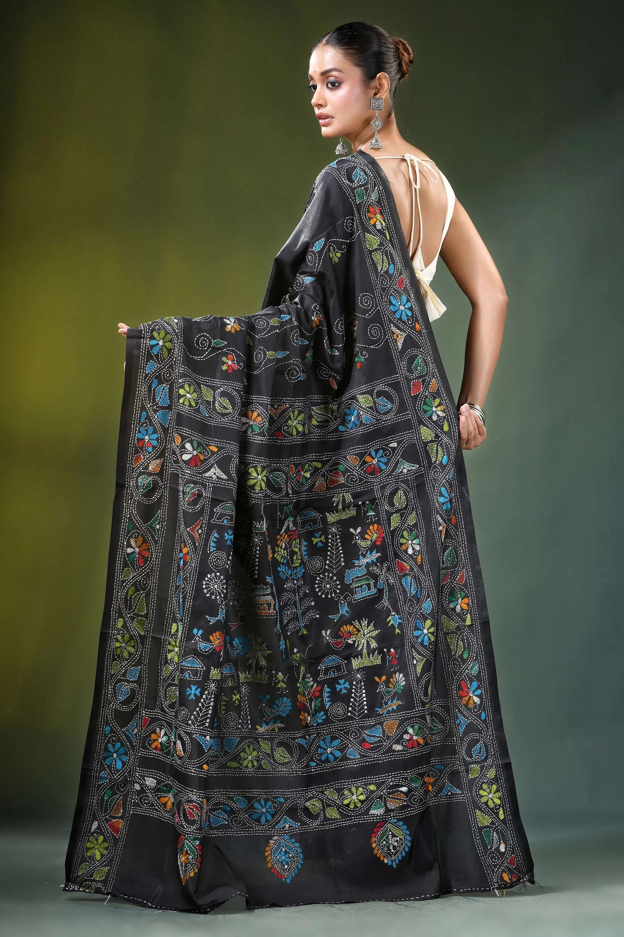 Sable black multicolor village theme silk kantha saree intricate multicolored 5