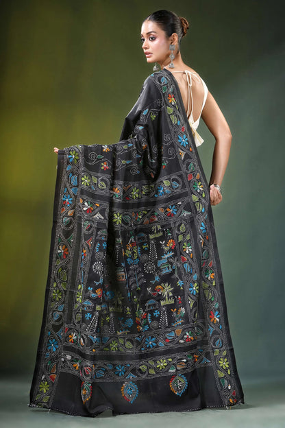 Sable black multicolor village theme silk kantha saree intricate multicolored 5