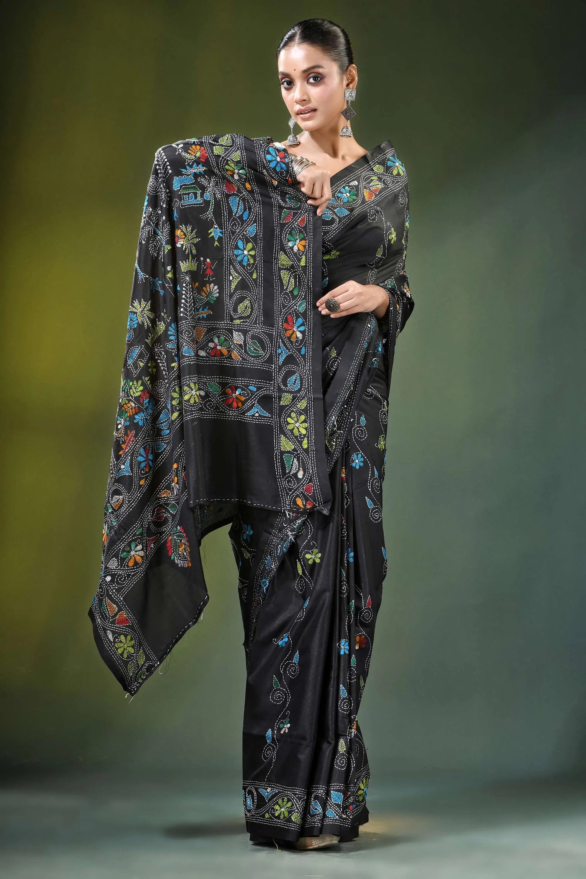 Sable black multicolor village theme silk kantha saree intricate multicolored 4