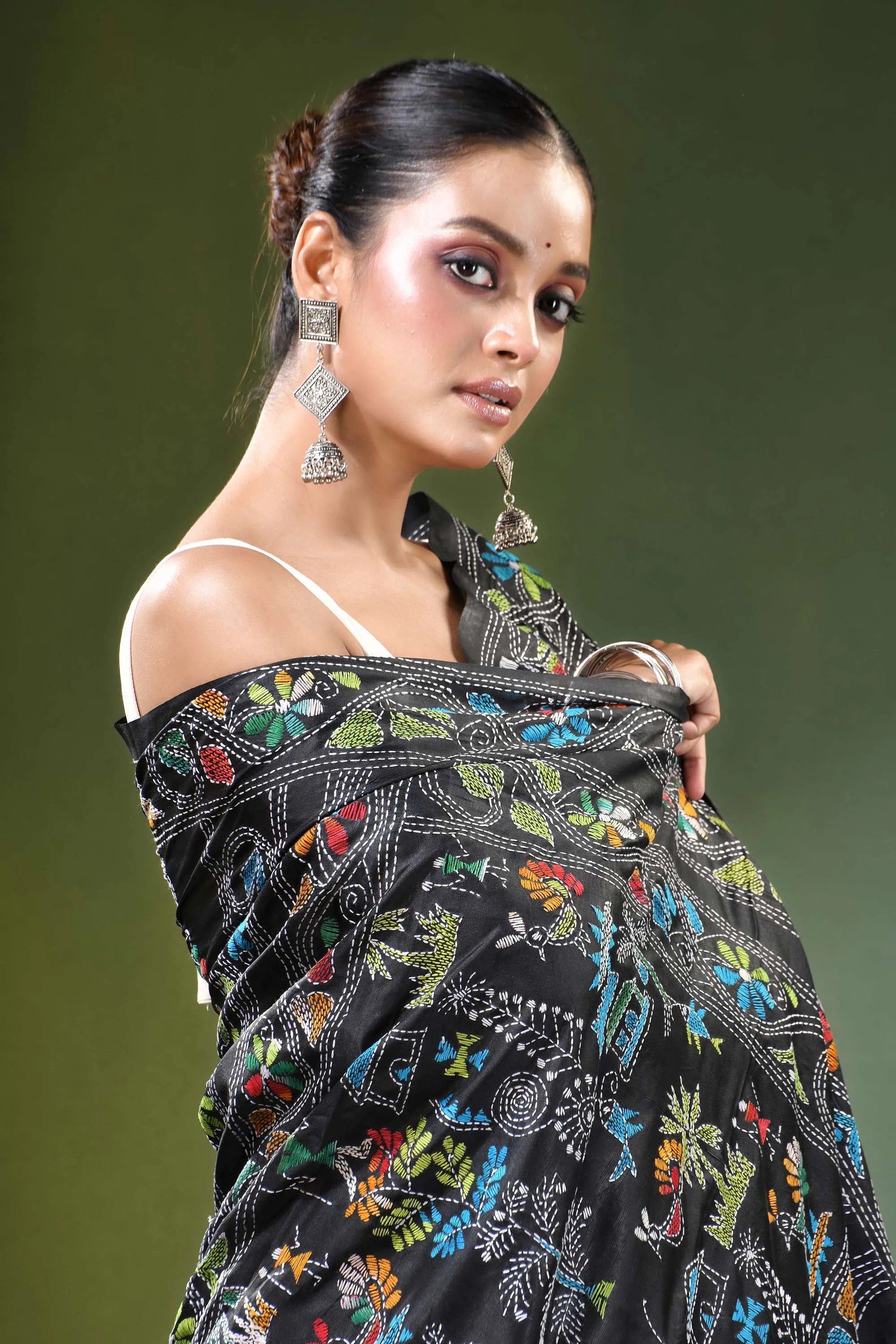 Sable black multicolor village theme silk kantha saree vibrant multicolored floral 2