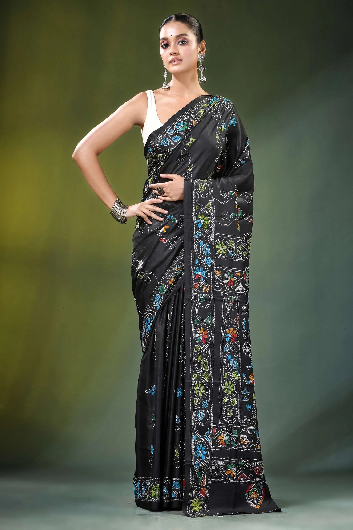 Sable black multicolor village theme silk kantha saree intricate multicolored 6