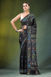 Sable black multicolor village theme silk kantha saree intricate multicolored 6