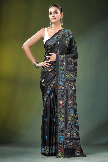 Sable black multicolor village theme silk kantha saree intricate multicolored 6
