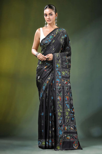 Sable black multicolor village theme silk kantha saree elegant adorned 1
