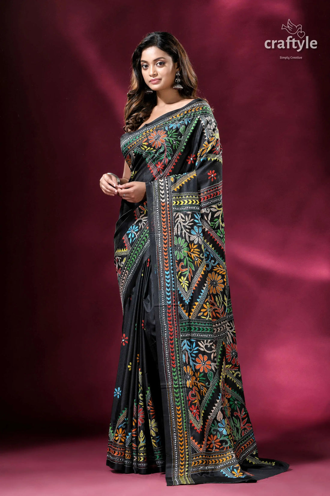 Sable black multithread premium silk kantha saree black saree colorful embroidery 1