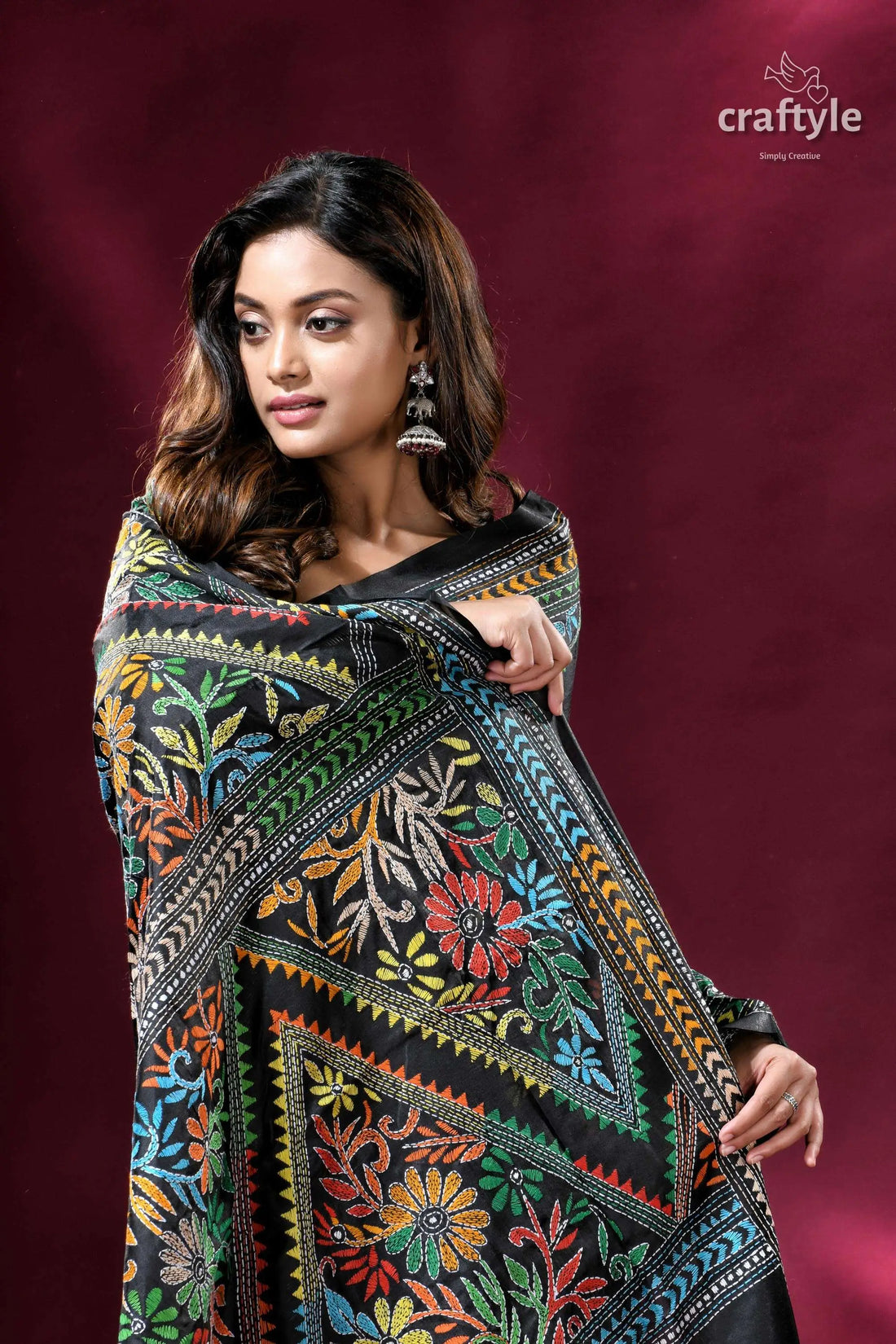Sable black multithread premium silk kantha saree black shawl colorful floral embroidery 2