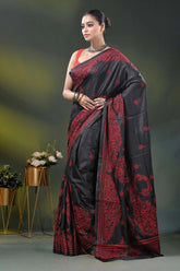 Sable black red paisley motif handcrafted kantha stitch silk saree 3