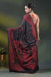 Sable black red paisley motif handcrafted kantha stitch silk saree 5