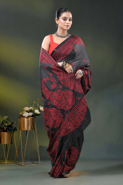 Sable black red paisley motif handcrafted kantha stitch silk saree 4