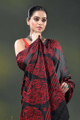 Sable black red paisley motif handcrafted kantha stitch silk saree 2