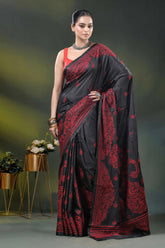 Sable black red paisley motif handcrafted kantha stitch silk saree 1