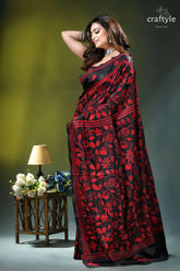 Sable black red thread flower motif ethnic silk kantha saree black red floral-patterned saree intricate 3