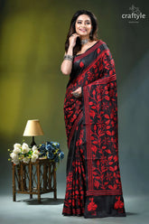 Sable black red thread flower motif ethnic silk kantha saree black red floral embroidered saree 6