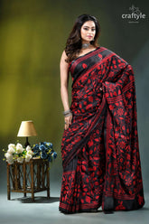 Sable black red thread flower motif ethnic silk kantha saree black red floral printed saree 4