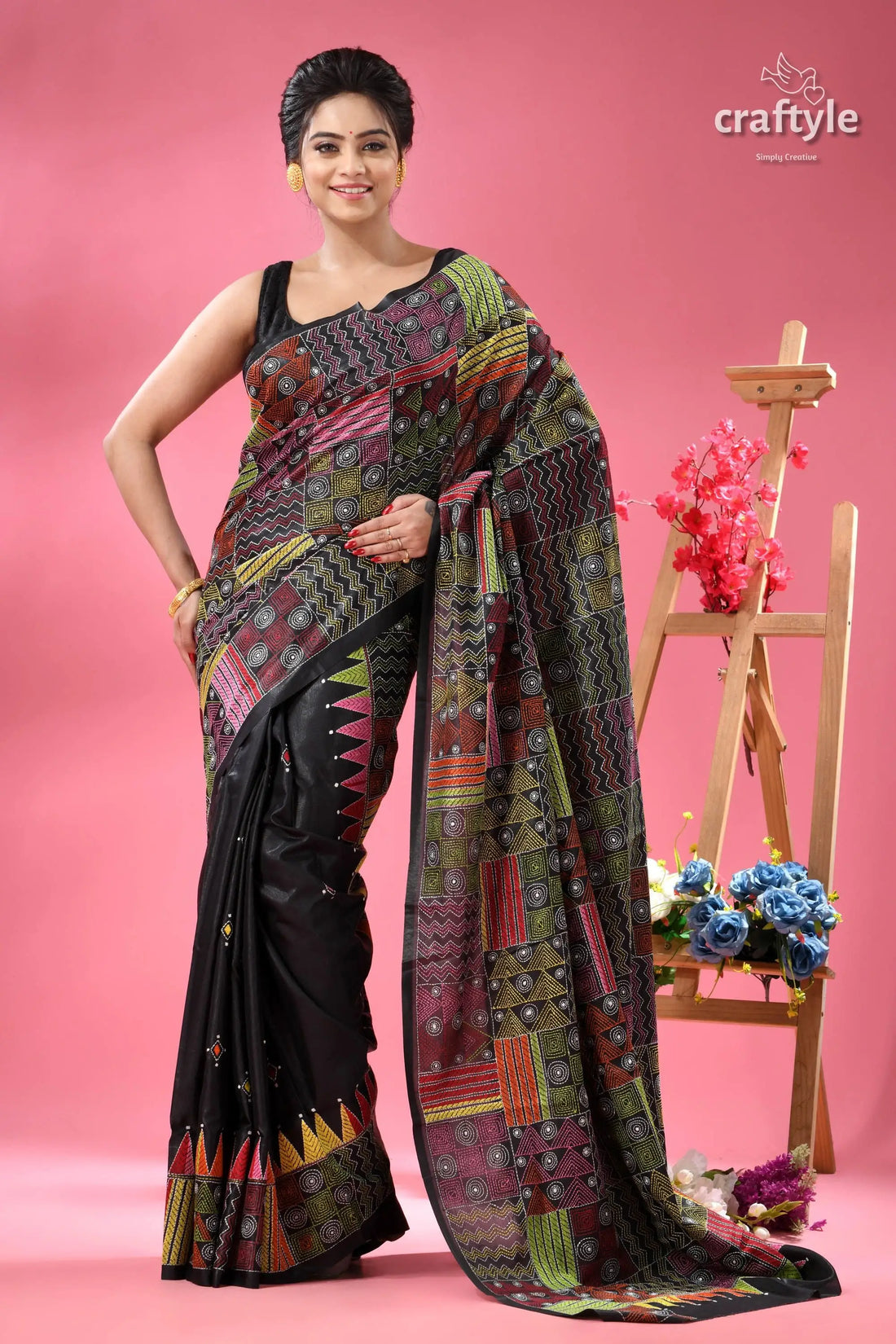 Sable black silk kantha stitch saree geometric design black saree colorful geometric abstract 1
