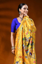 Saffron yellow handmade silk kantha saree with swan lotus design 2
