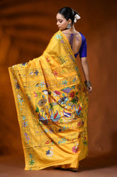 Saffron yellow handmade silk kantha saree with swan lotus design 5