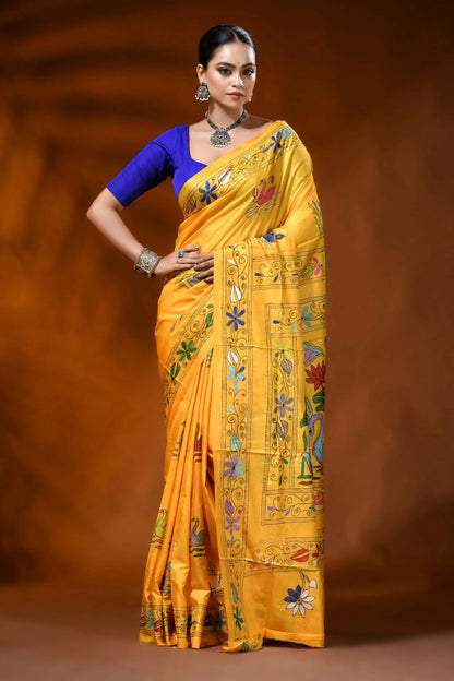 Saffron yellow handmade silk kantha saree with swan lotus design 1
