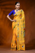 Saffron yellow handmade silk kantha saree with swan lotus design 1