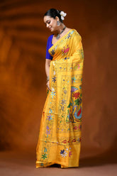 Saffron yellow handmade silk kantha saree with swan lotus design 3