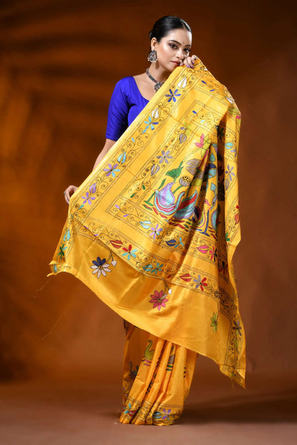 Saffron yellow handmade silk kantha saree with swan lotus design 4
