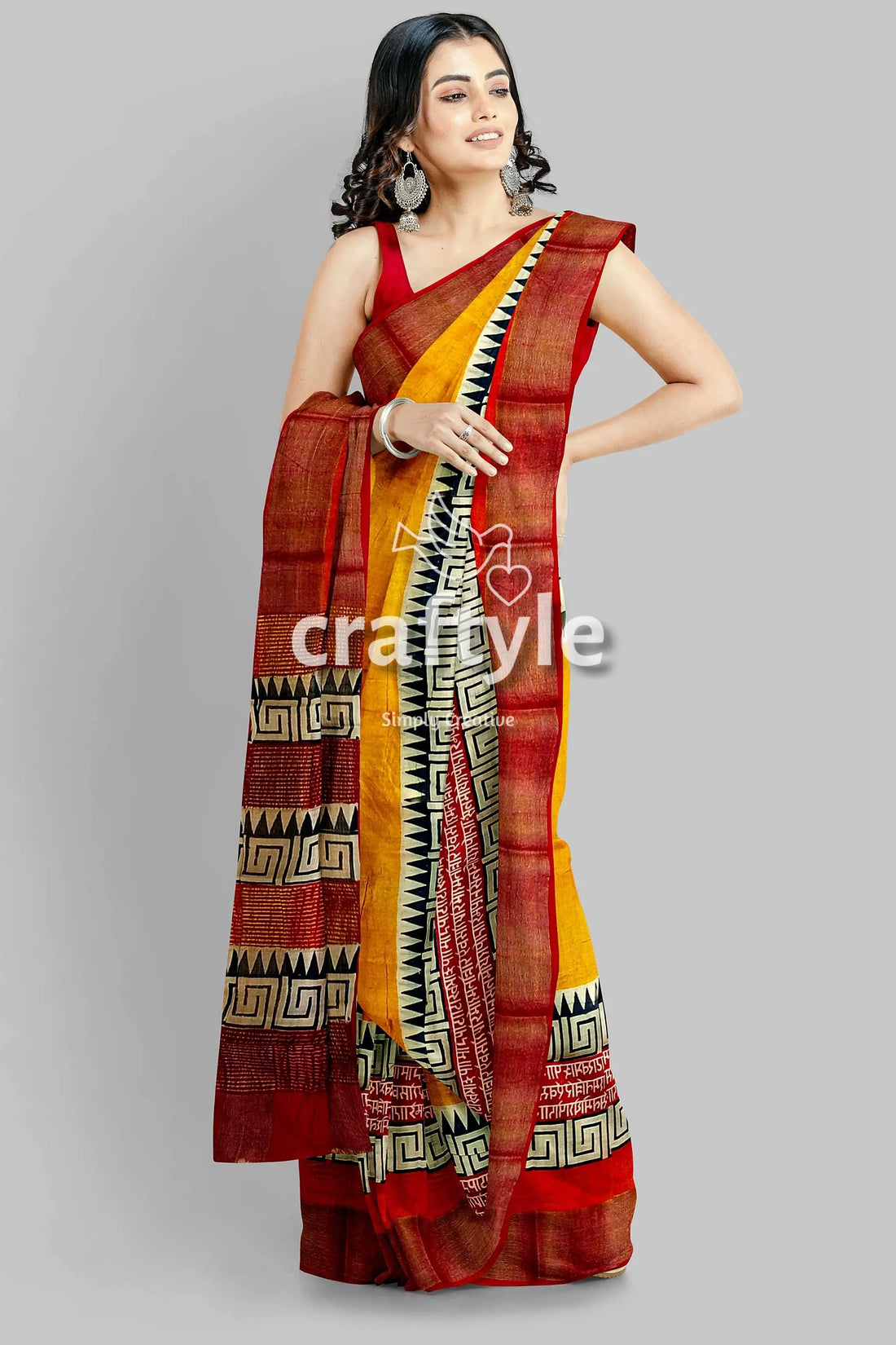 Saffron yellow pure tussar silk saree with hand block print and zari border woman yellow red patterned saree 2