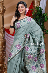 Sage Green Hand Painted Pure Tussar Silk Saree - Craftyle