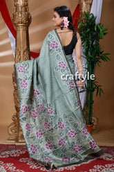 Sage Green Hand Painted Pure Tussar Silk Saree - Craftyle