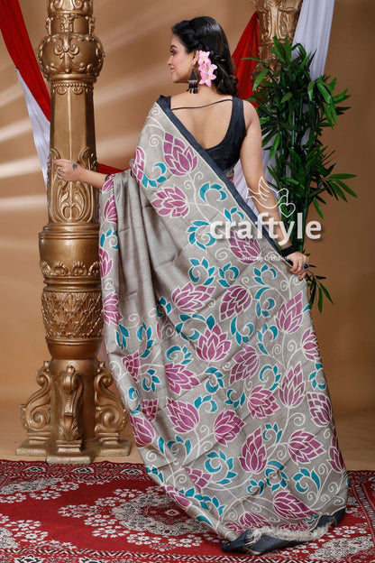 Sage Green Hand Painted Pure Tussar Silk Saree - Craftyle