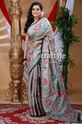 Sage Green Hand Painted Pure Tussar Silk Saree - Craftyle