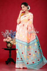 Salmon pink multicolor soft dhakai jamdani saree woman peach turquoise saree 4