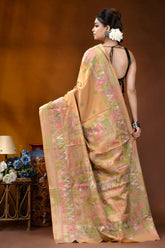 Sand beige multi-thread ethnic design handcrafted lambani silk saree woman wears peach-colored banarasi saree 5