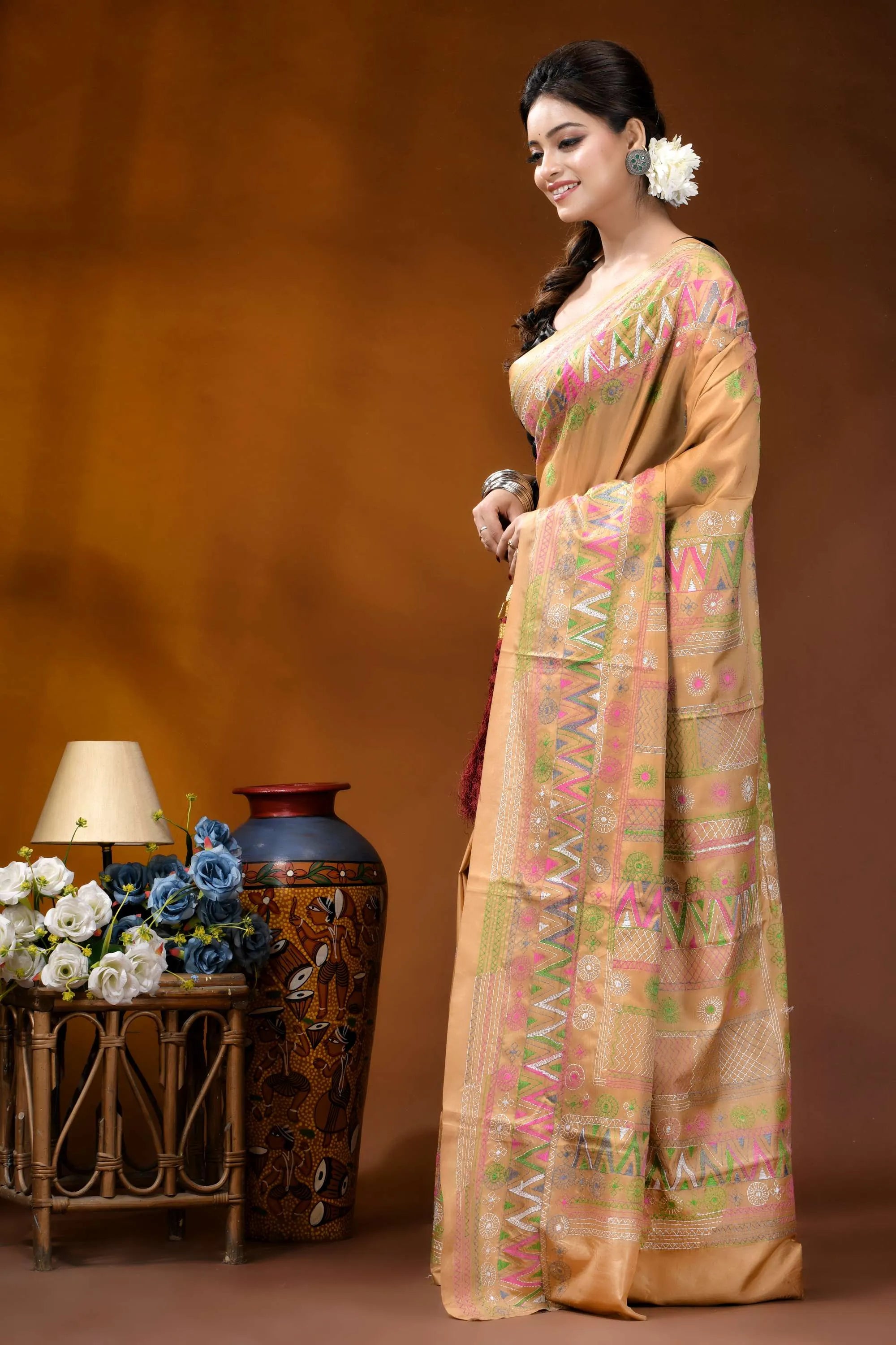 Sand beige multi-thread ethnic design handcrafted lambani silk saree woman wears peach-colored silk saree 3