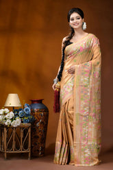 Sand beige multi-thread ethnic design handcrafted lambani silk saree woman wears beige silk saree 6
