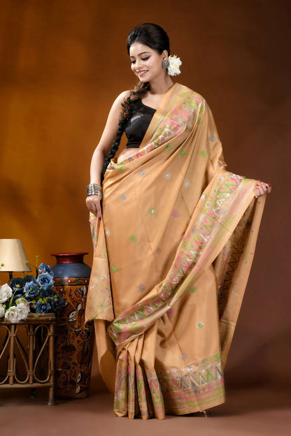 Sand beige multi-thread ethnic design handcrafted lambani silk saree woman wears beige silk saree 4
