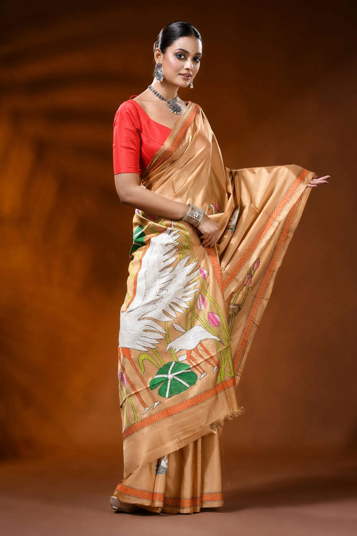 Sand beige silk kantha work saree with swan lotus hand embroidery 3