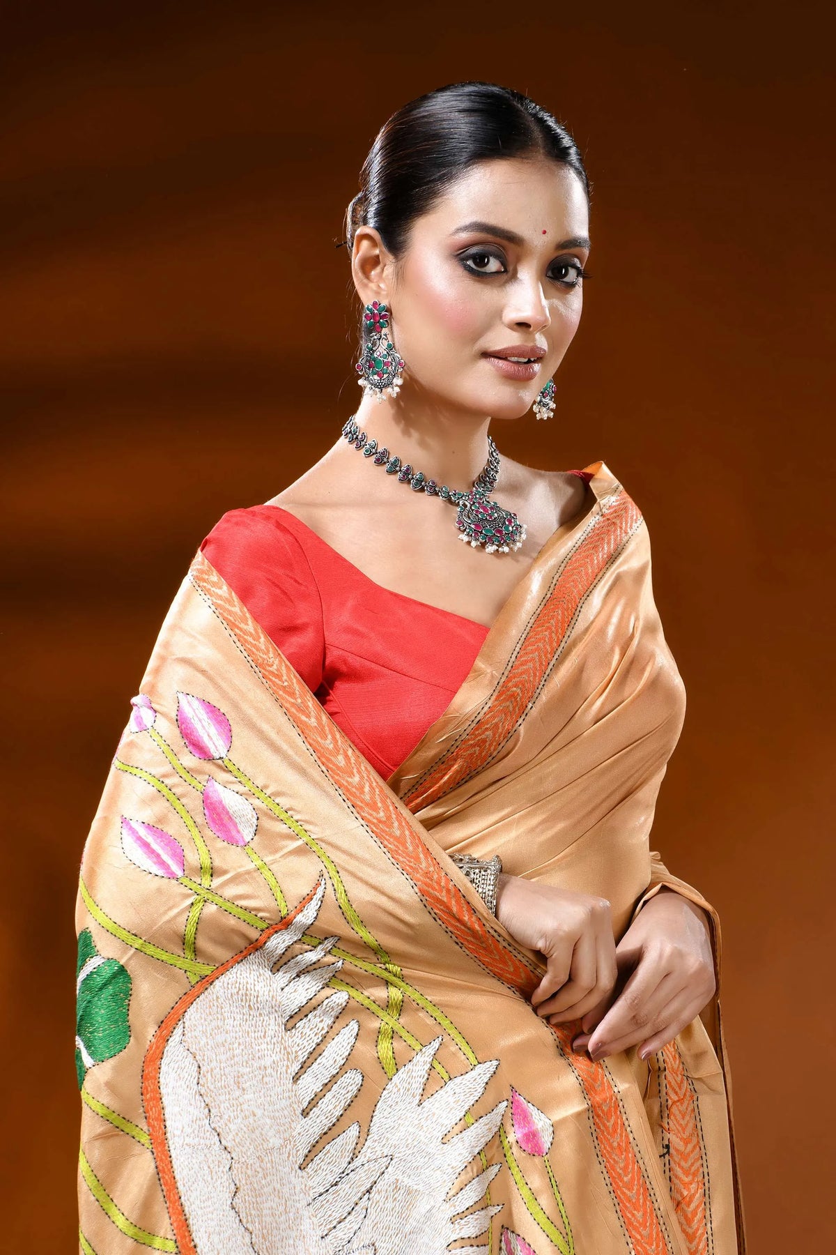 Sand beige silk kantha work saree with swan lotus hand embroidery 2