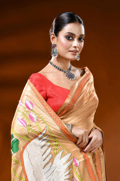 Sand beige silk kantha work saree with swan lotus hand embroidery 2